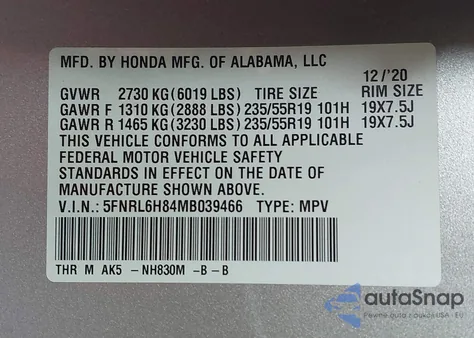 2021 Honda Odyssey Touring from USA, damaged, VIN 5FNRL6H84MB039466